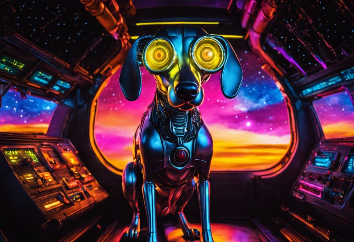 Animatronic Robot Greyhound Dog in Cyberpunk Spaceship