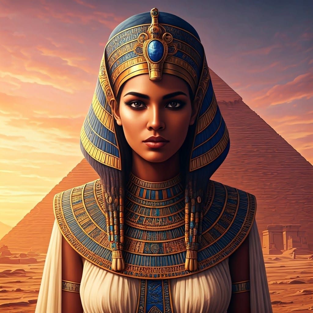 Luxurious Egyptian Princess in Golden Headdress and Lavish G...