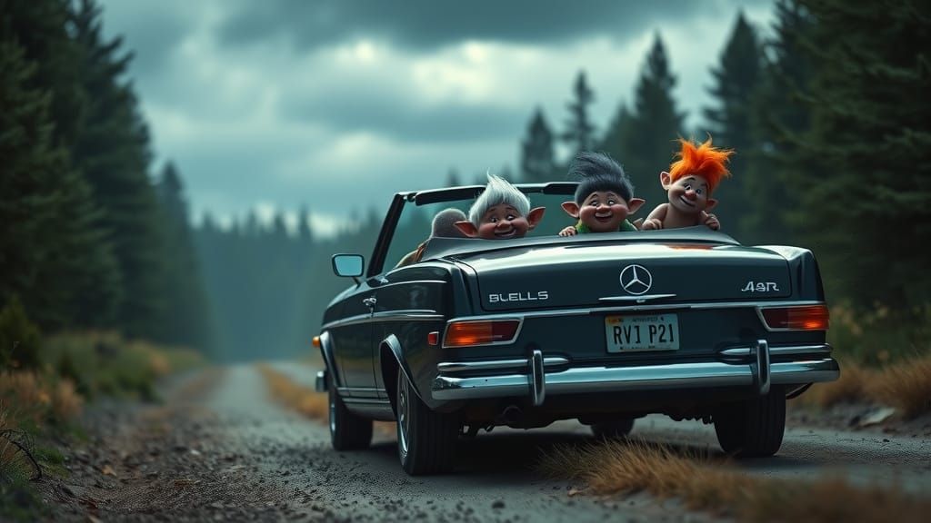 Trolls Cruise in Classic Car: Hyperrealistic Digital Art