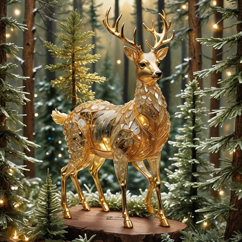 Golden Crystal Deer with Miniature World Inside