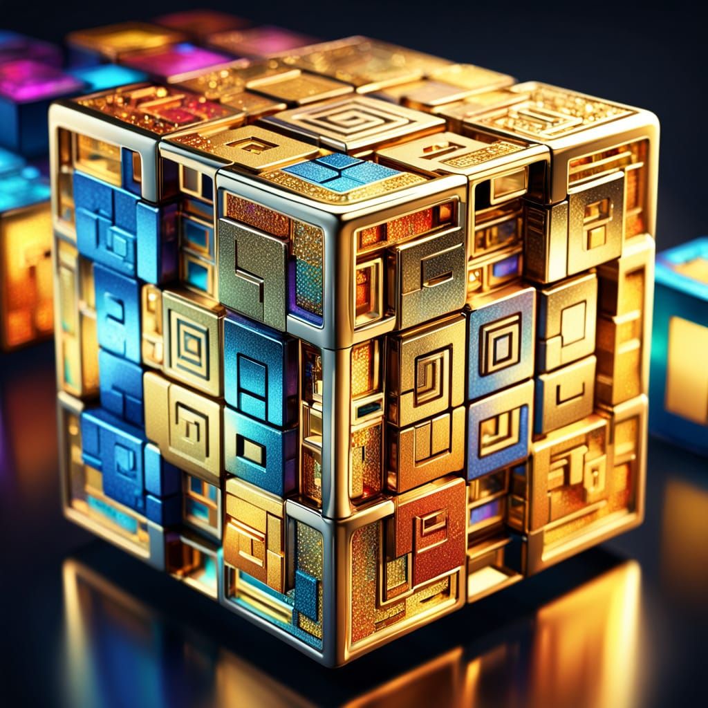 Golden Cube Concept Art With Detailed Symbols