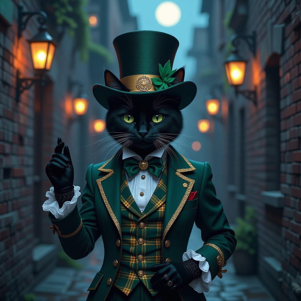 Gothic Cat in Green and Gold, Dreamlike Alley Scene