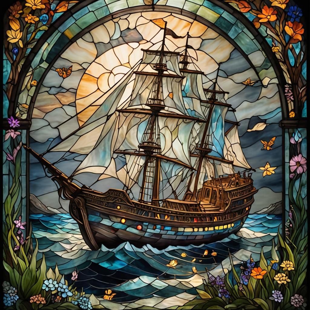 Glowing Stained Glass Ship in Smoky Sea