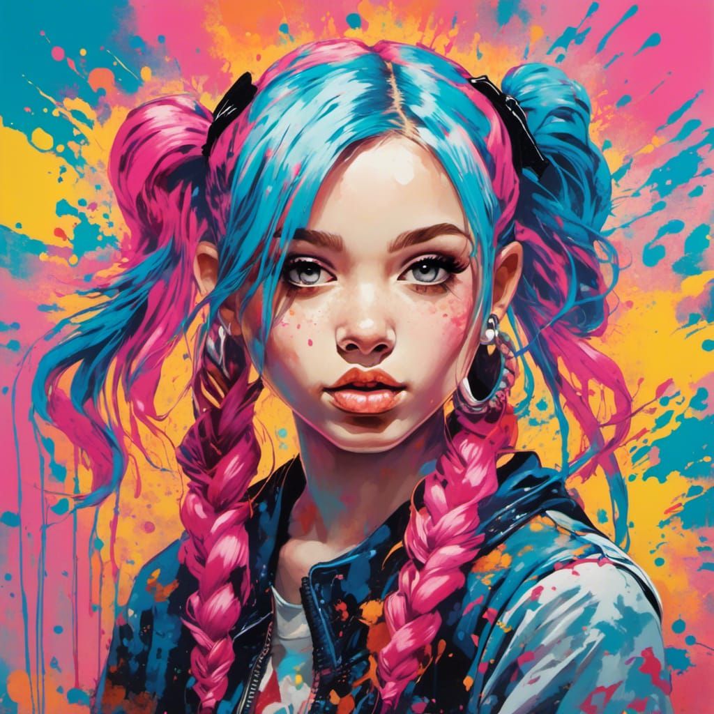 Colorful Graffiti Portrait of a Girl with Pigtails
