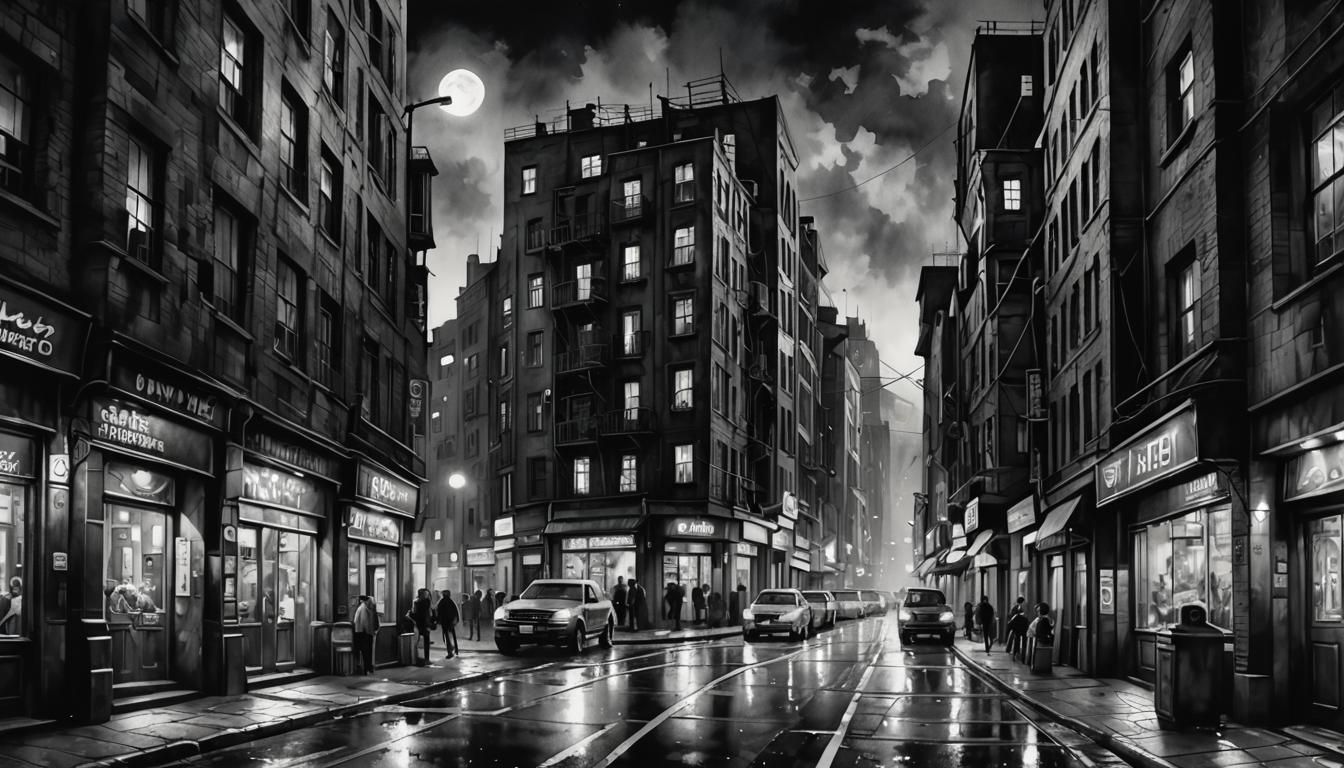 Dystopian Cubist City at Night in Monochrome Watercolour