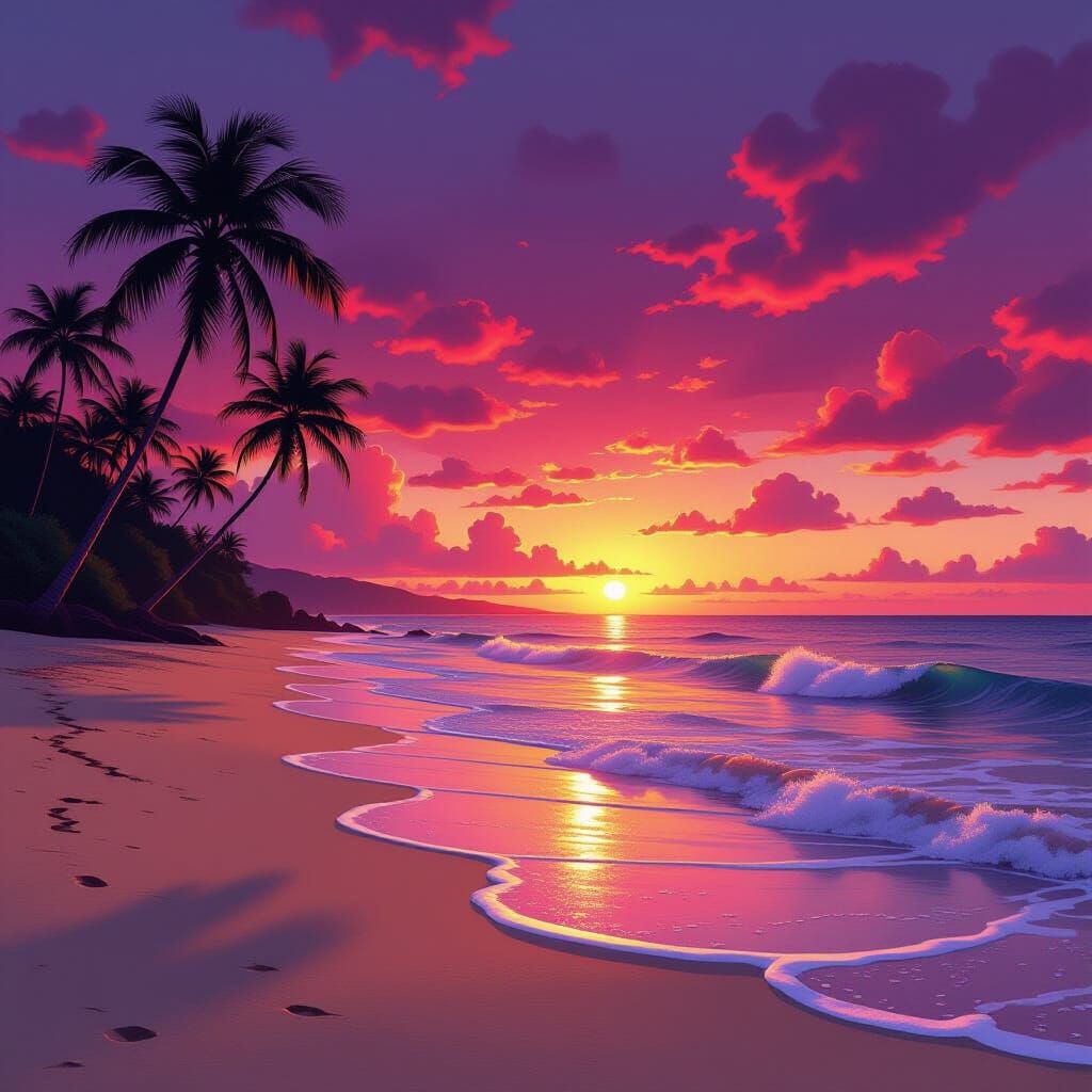 Vibrant Red Purple Sunset Over Tropical Beach with Palm Tree...