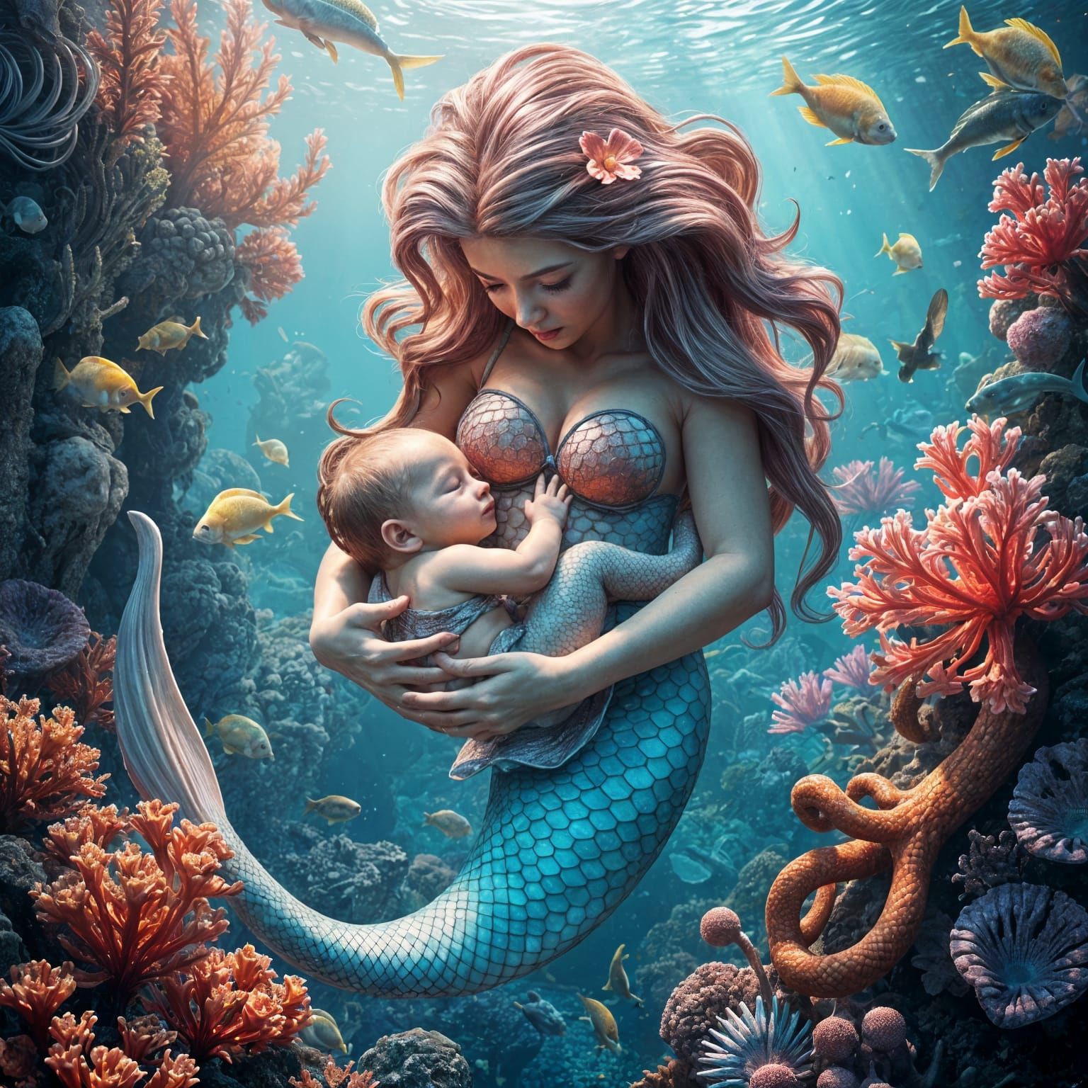 Mermaid Newborn and Mother Glide Through Vibrant Underwater....