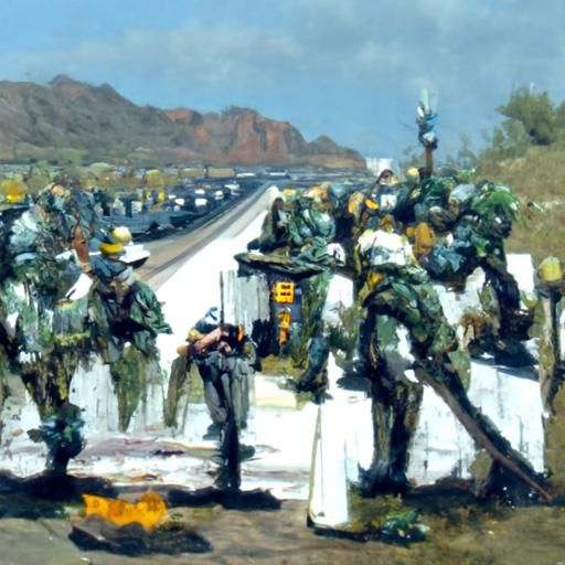 Soldiers Block Interstate Highway in Oil Painting
