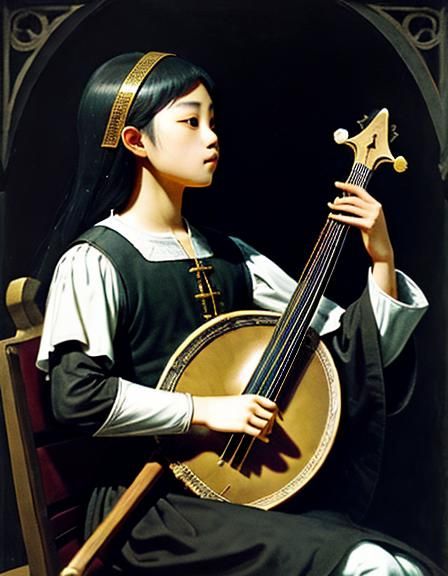 Detailed Medieval Bard Playing Lute in Charcoal Drawing Styl...