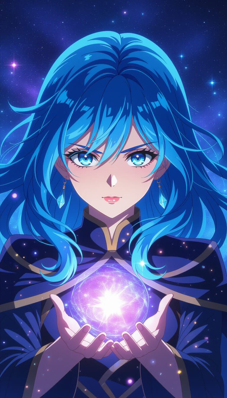 Anime Sorceress with Blue Hair and Cosmic Aura