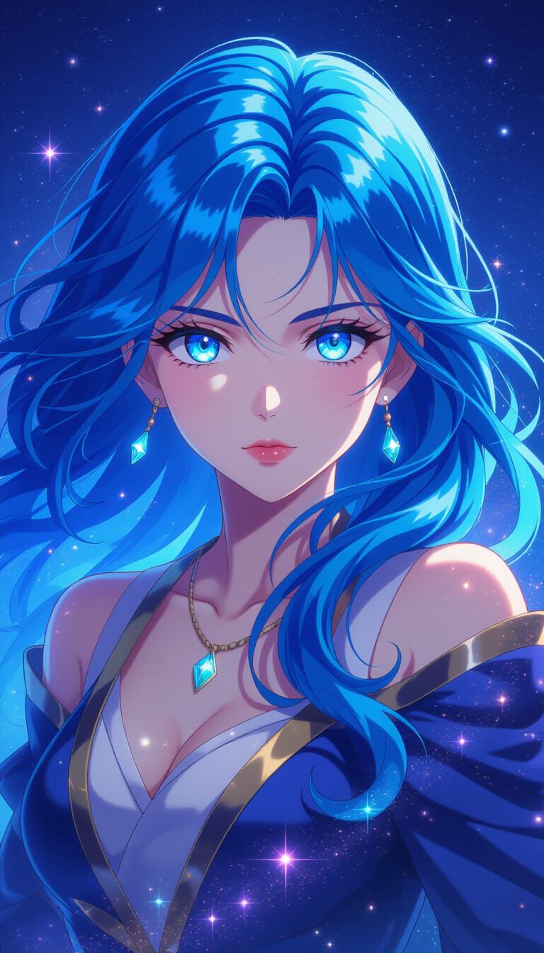 Anime Sorceress with Blue Hair and Cosmic Energy
