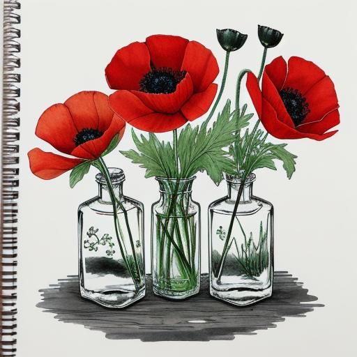 Poppy Botanical Ink Line Drawings with Selective Red