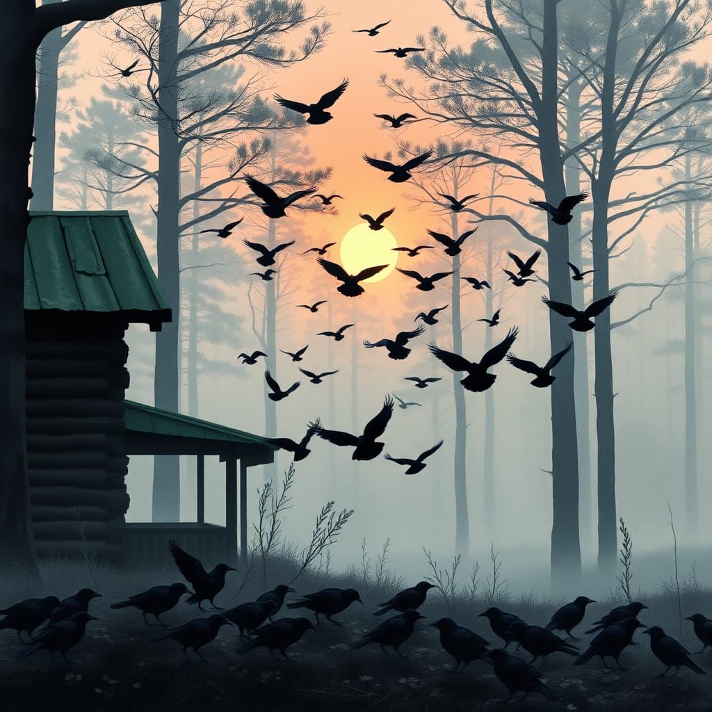 Crows Foraging at Dawn: A Watercolor Impression