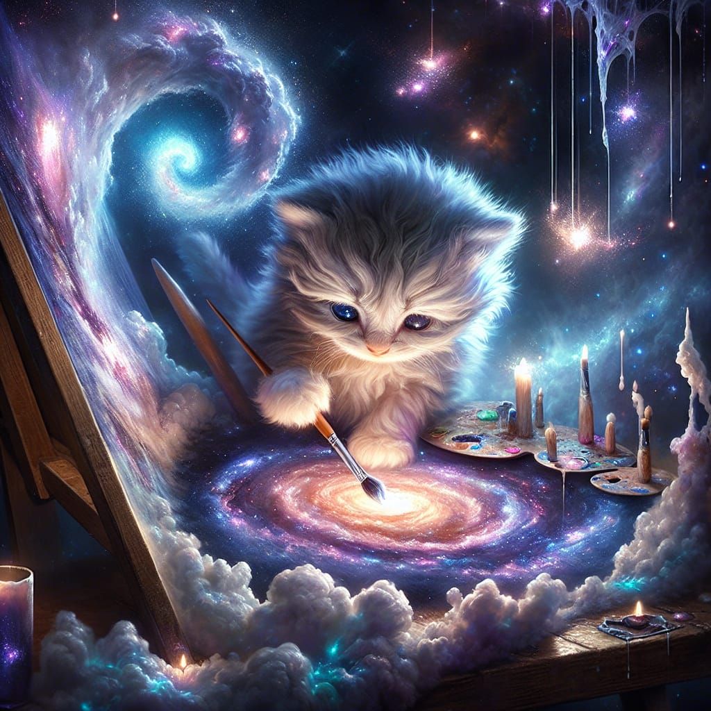 Kitten Paints a Galaxy in Whimsical Oil Painting Style