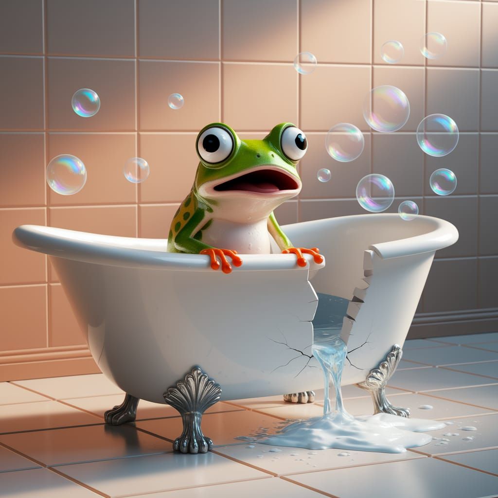 Surprised Frog in Leaky Bathtub