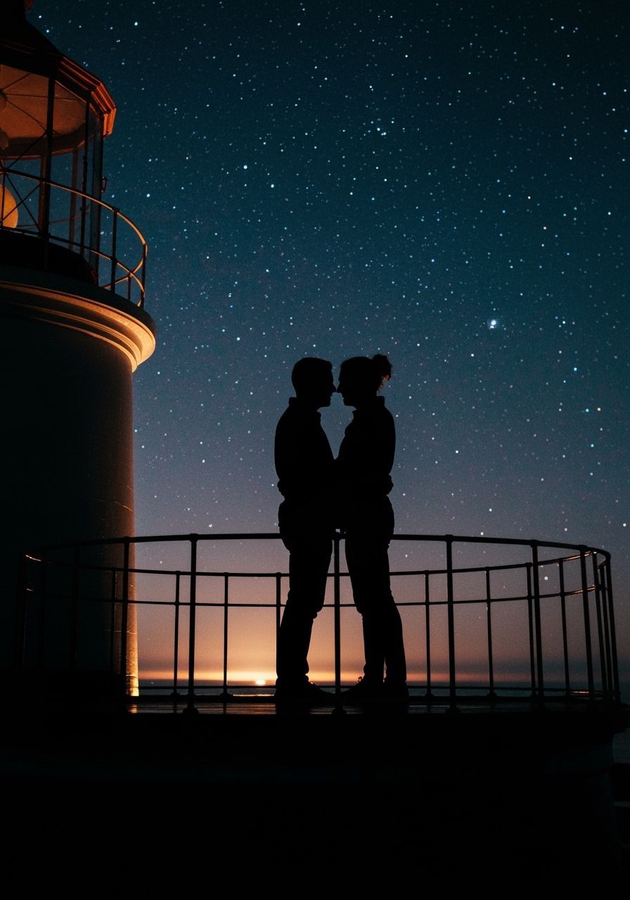 Romantic Couple Embrace Under Starry Lighthouse Sky
