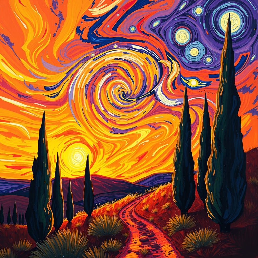 Vibrant Cypress Landscape at Sunset in Post-Impressionist St...