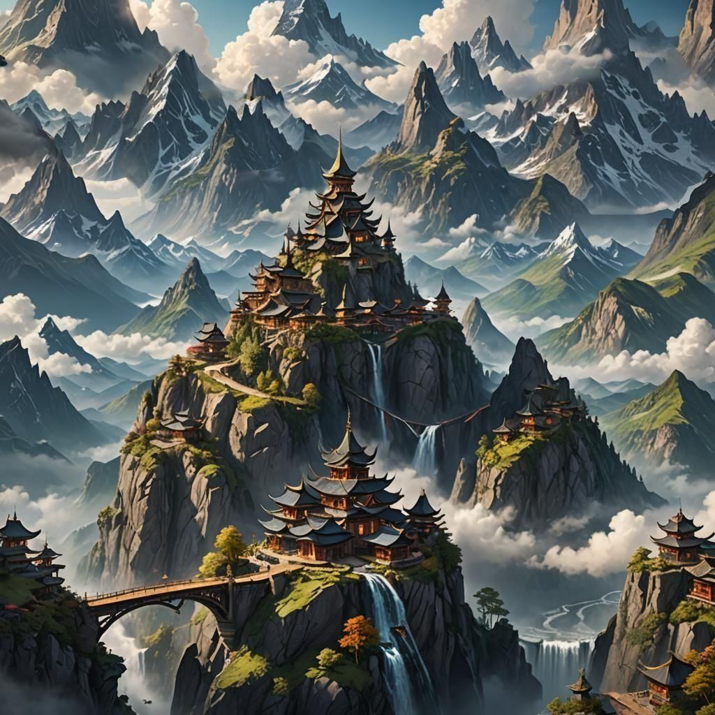 Mountain Peaks with Spiritual Villages: Fantasy Concept Art