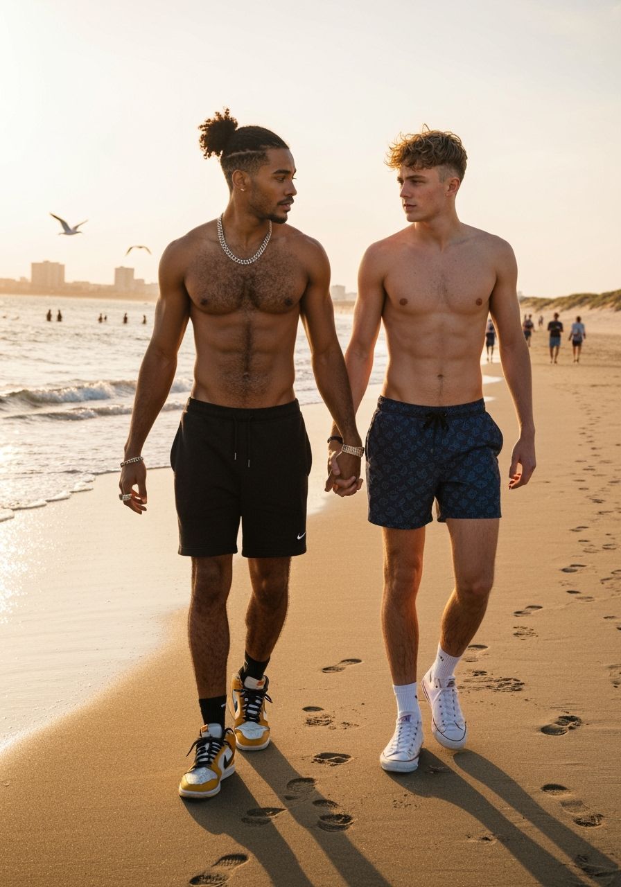 Beach Sunset: Men Walking Hand in Hand