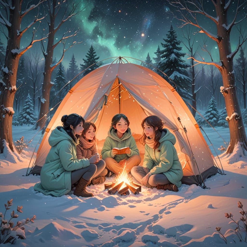 Three Friends Share Spooky Tales by Winter Campfire