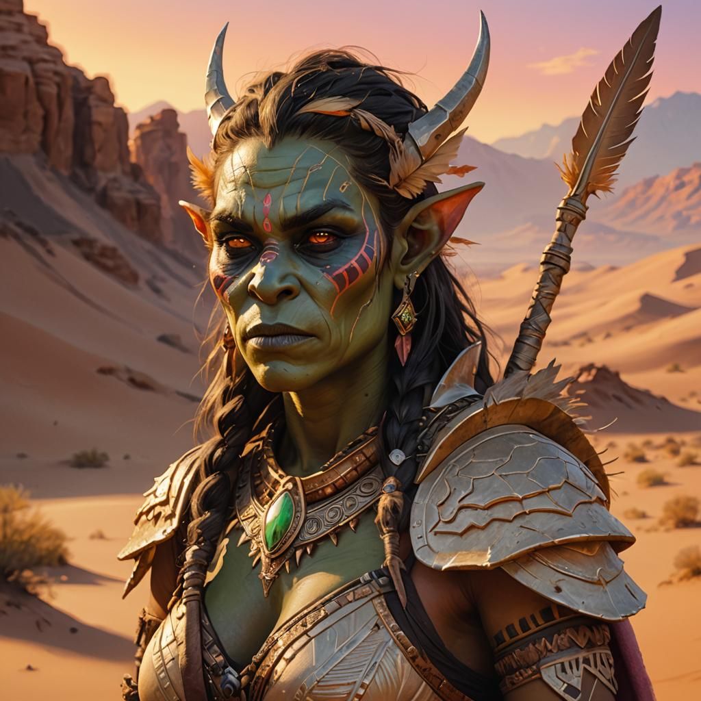 Orc Druid Portrait at Desert Oasis in Oil Painting Style