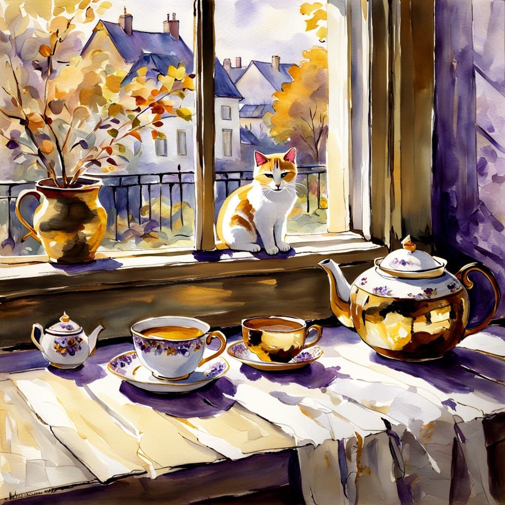 Cozy Autumn Scene: Sleepy Cat and Teapot