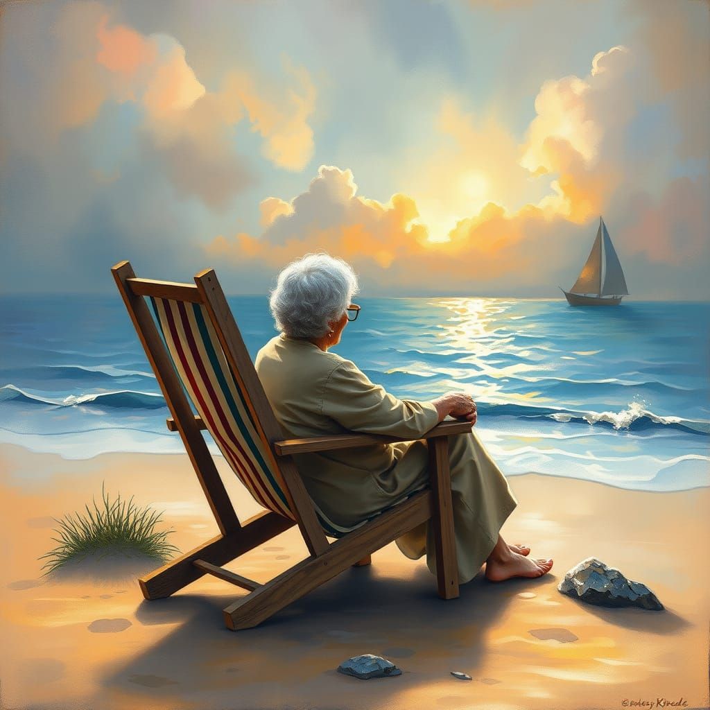 Grandmother Relaxing on Beach in Hyperdetailed Charcoal Draw...