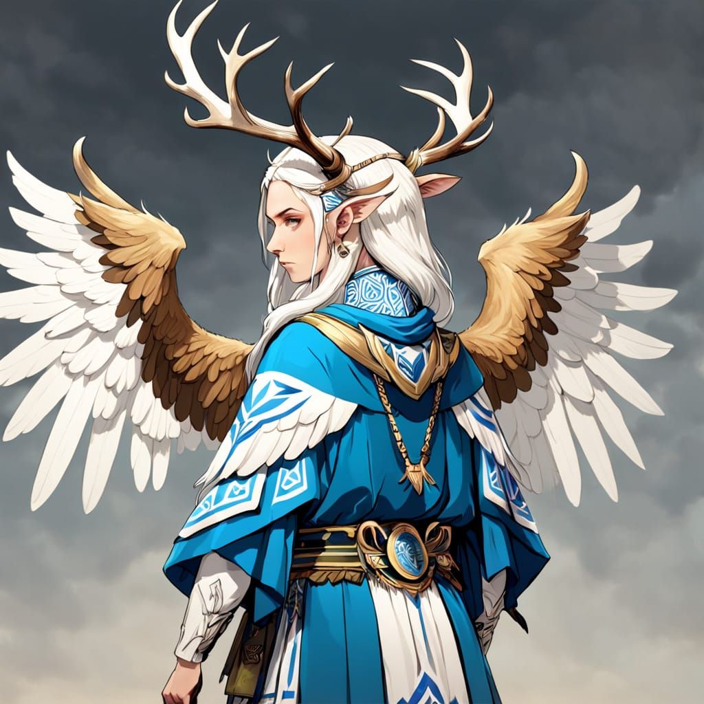 Man with Deer Antlers and Wings in Ancient Greek Attire