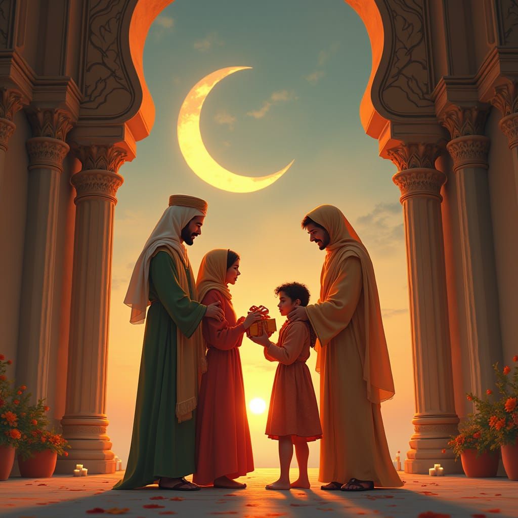 Family Celebration Under Crescent Moon: Digital Art