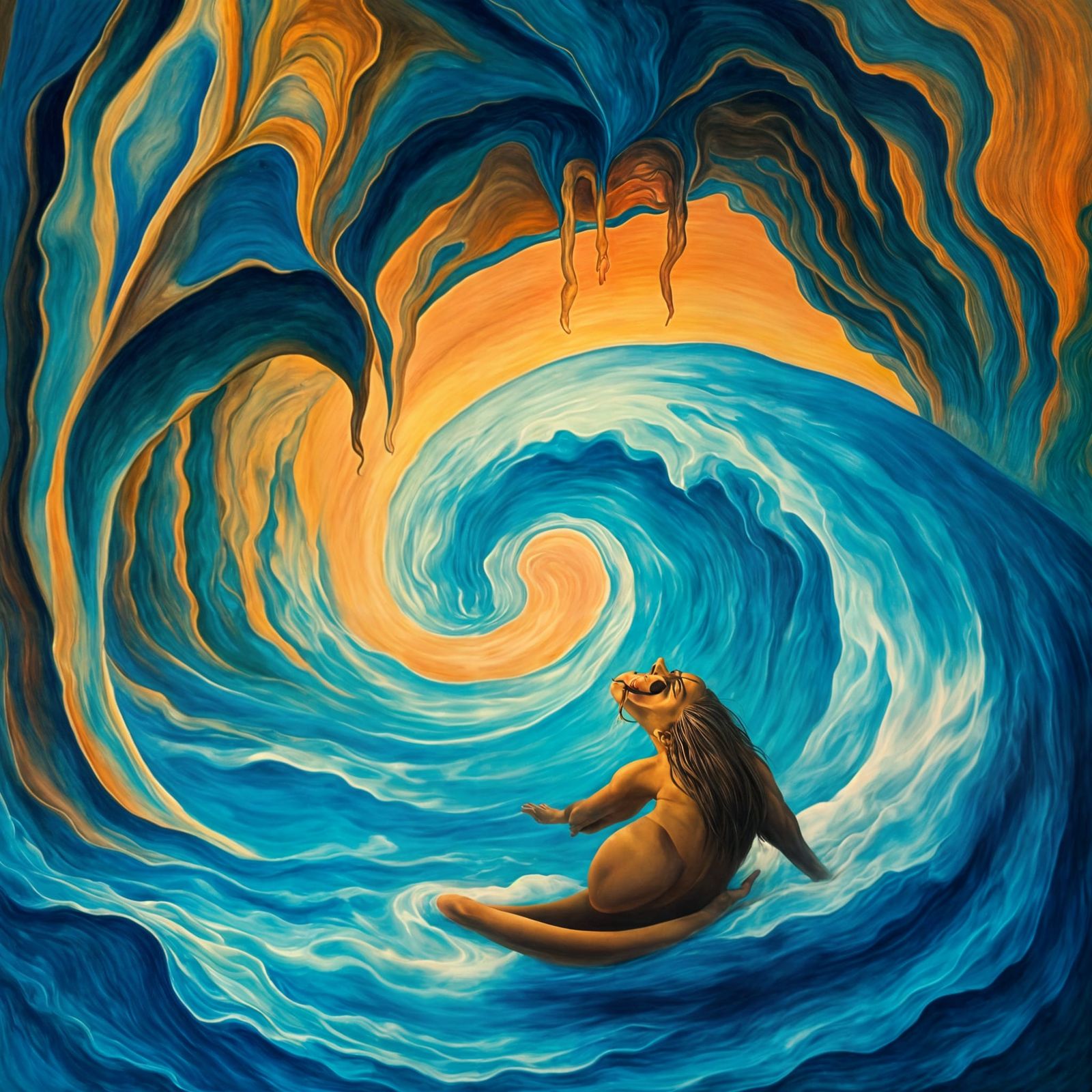 Marine Otter Surfing Surreal Waves in Vivid Colors