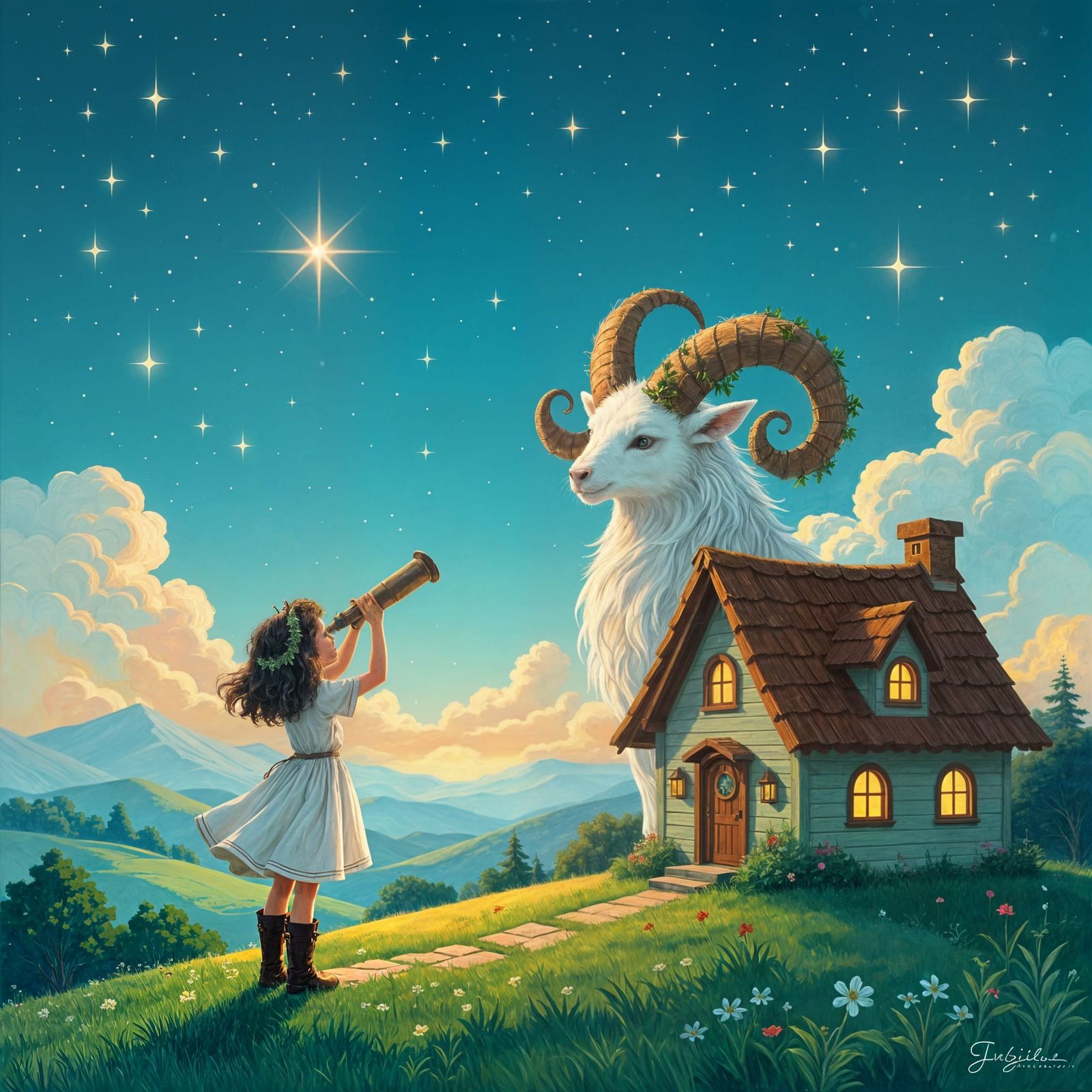 Oil Painting of Girl, Cottage, and Mystical Creature