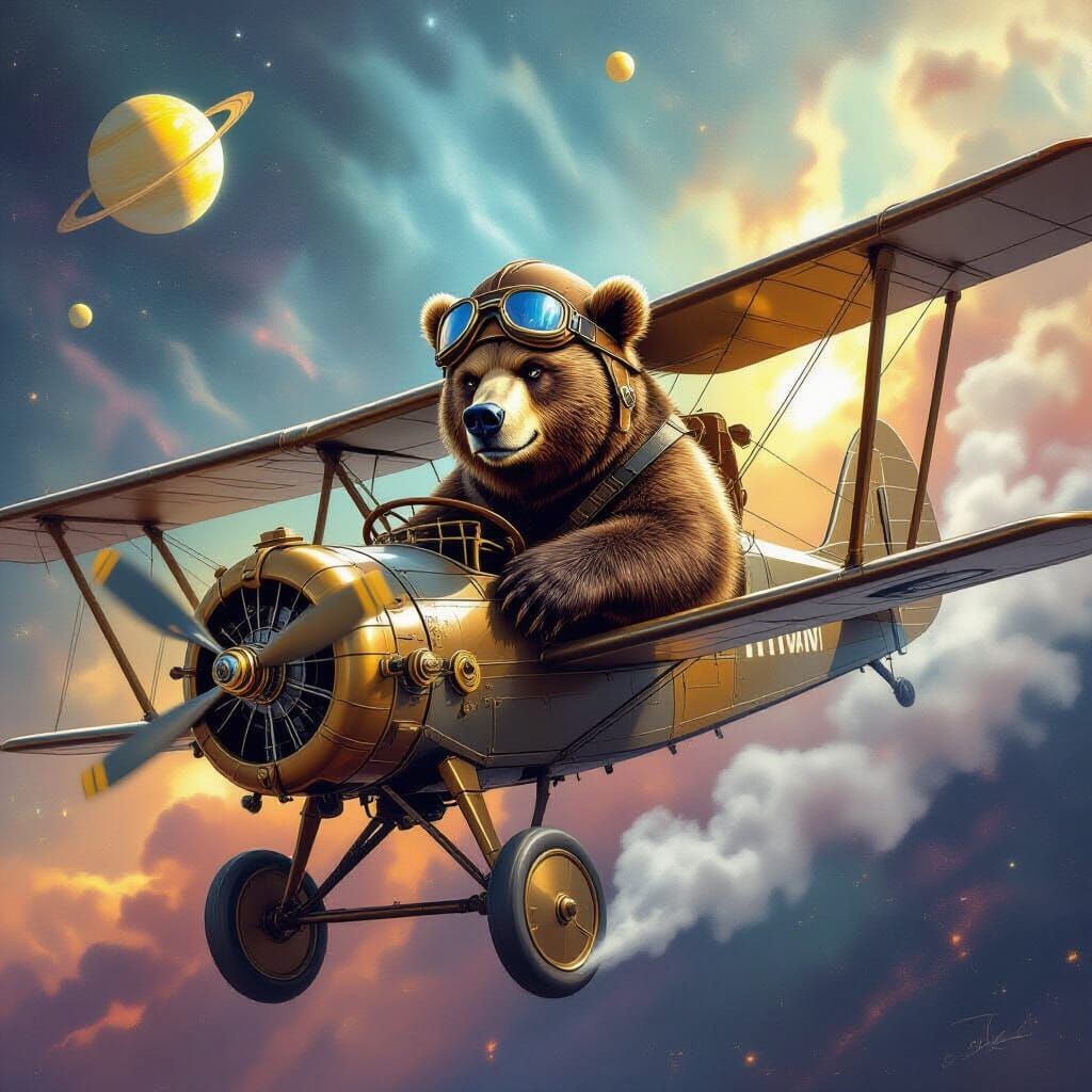 Grizzly Bear Pilot in Steampunk Biplane Through Nebula