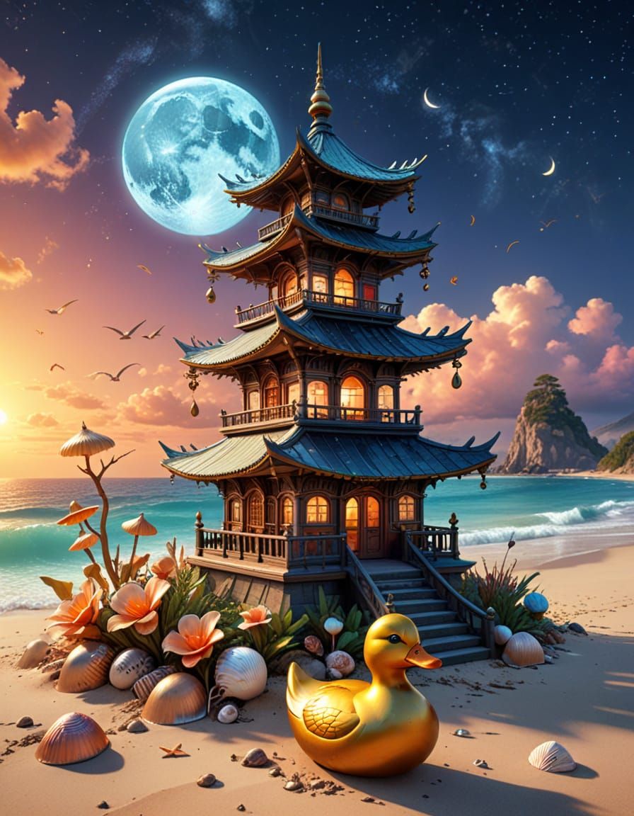 Steampunk Pagoda on Beach with Duck in Golden Hour