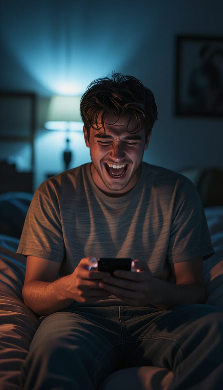 Nervous Young Man on Phone in Dark Bedroom