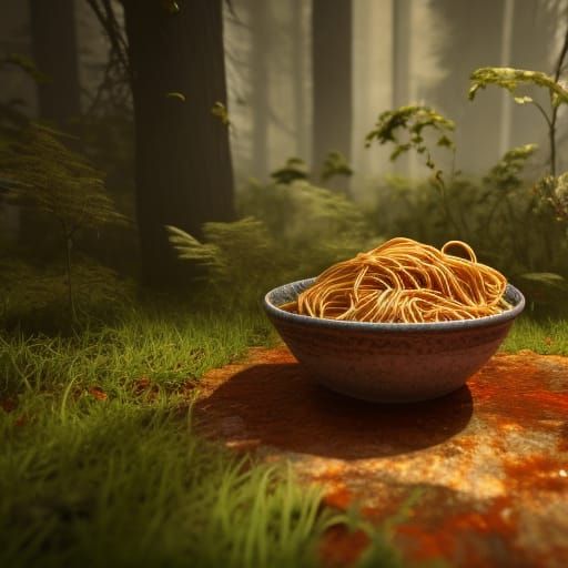 Moldy Spaghetti in Dark Forest, Hyperrealistic Render