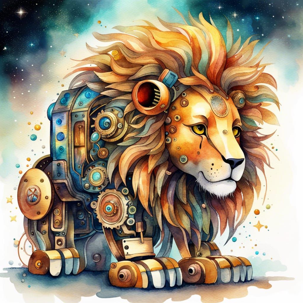 Clockwork Robot Lion in Space, Alla Prima Watercolor