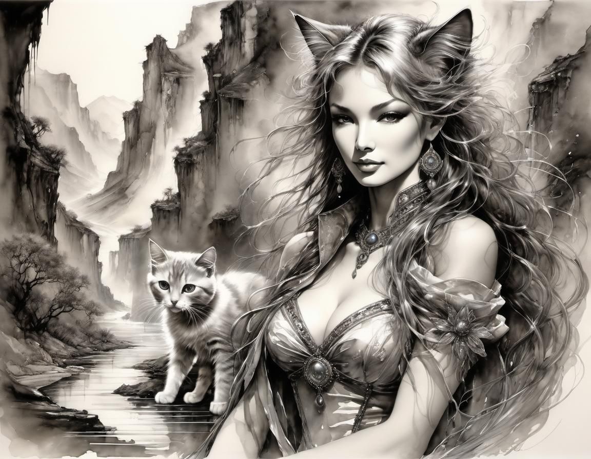 Girl and Cat Canyons Adventure in Ink Style