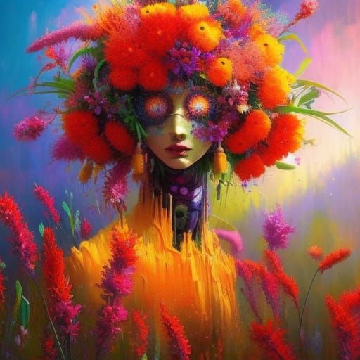 Floral Cyberpunk Robot in Rococo Impressionist Style