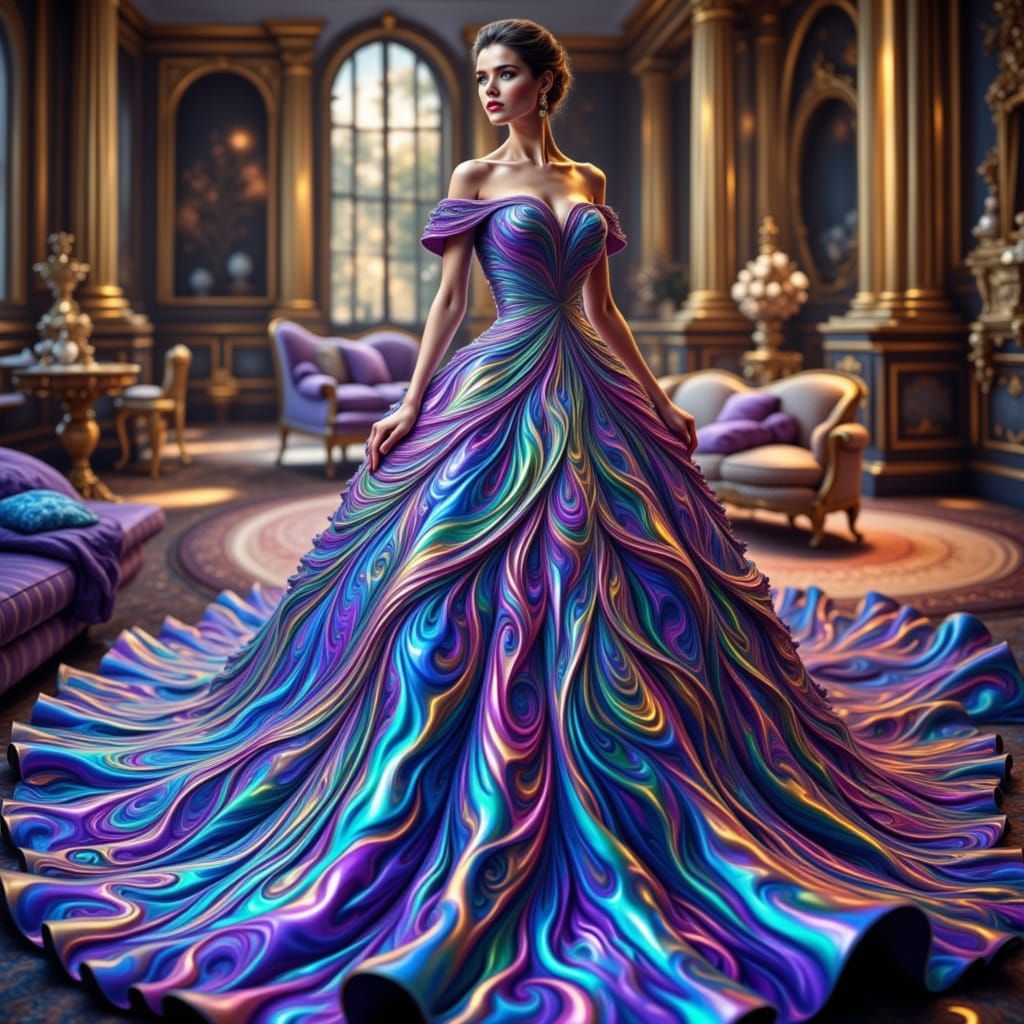 Surreal Iridescent Ballgown in Fractal Patterns