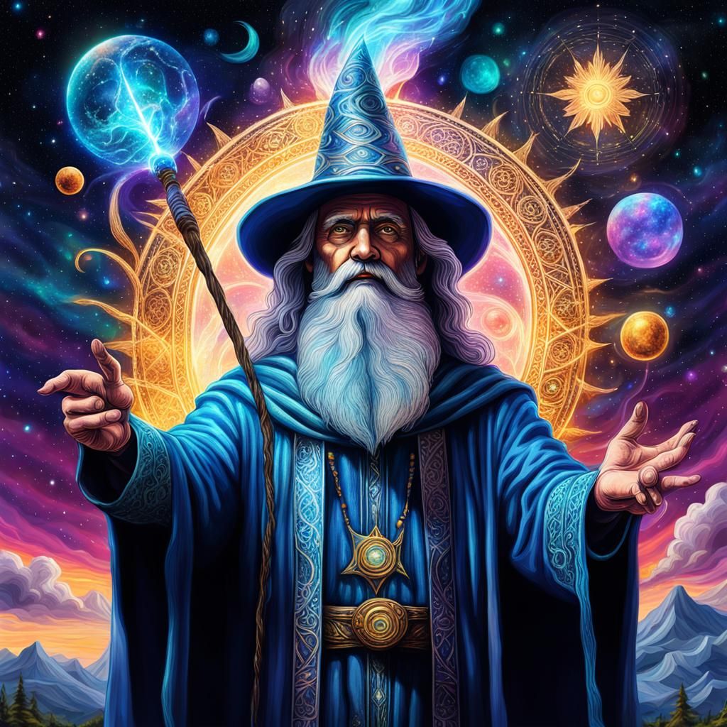 Wizard Summons Sky: Astral Cosmic Illustration