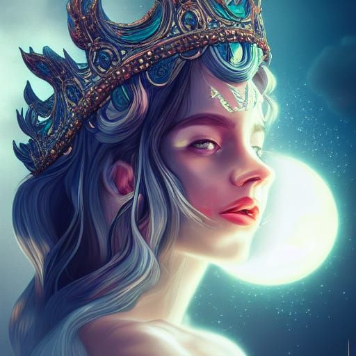 Crowned Woman Holding Moon: Concept Art Portrait