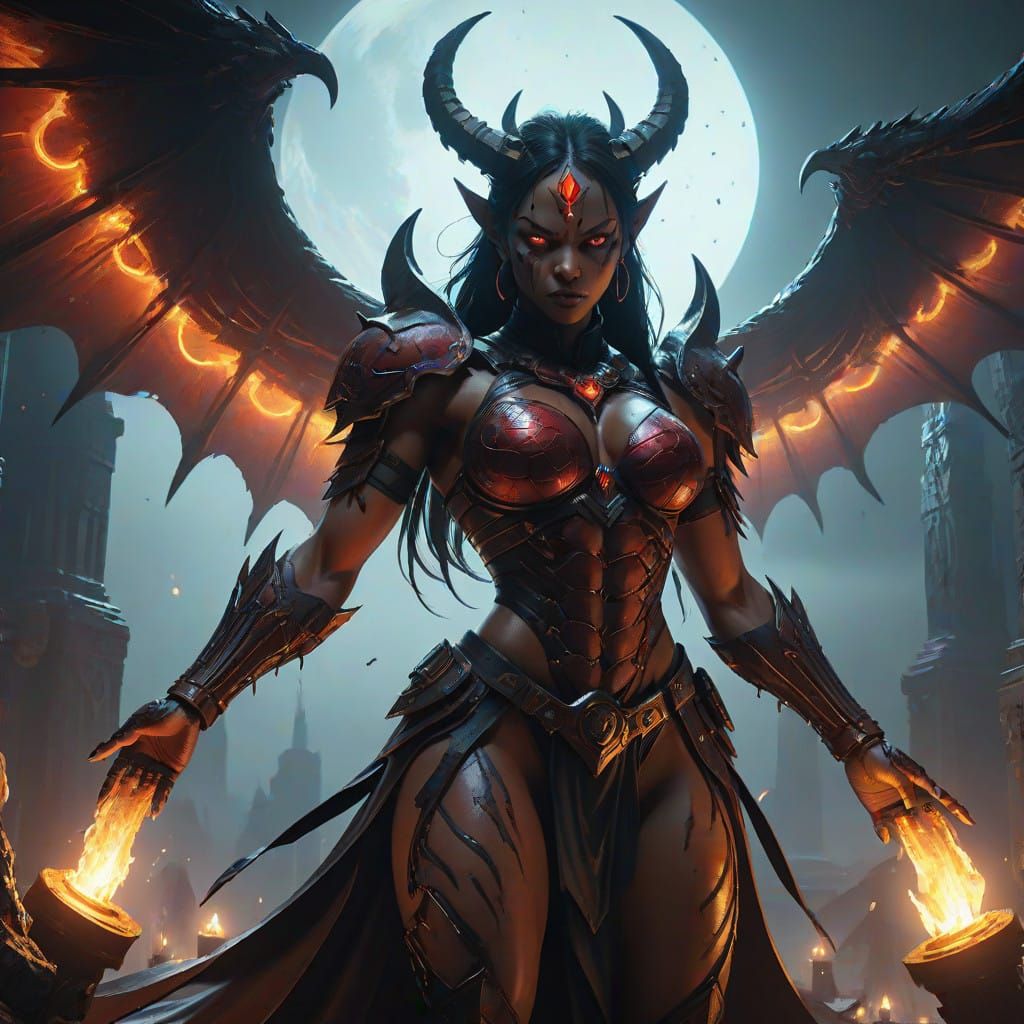 Seductive Demonic Female in Ancient Symbols and Glowing Scar...