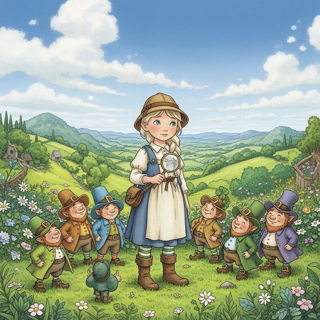 Girl Explorer with Leprechauns in Whimsical Irish Landscape
