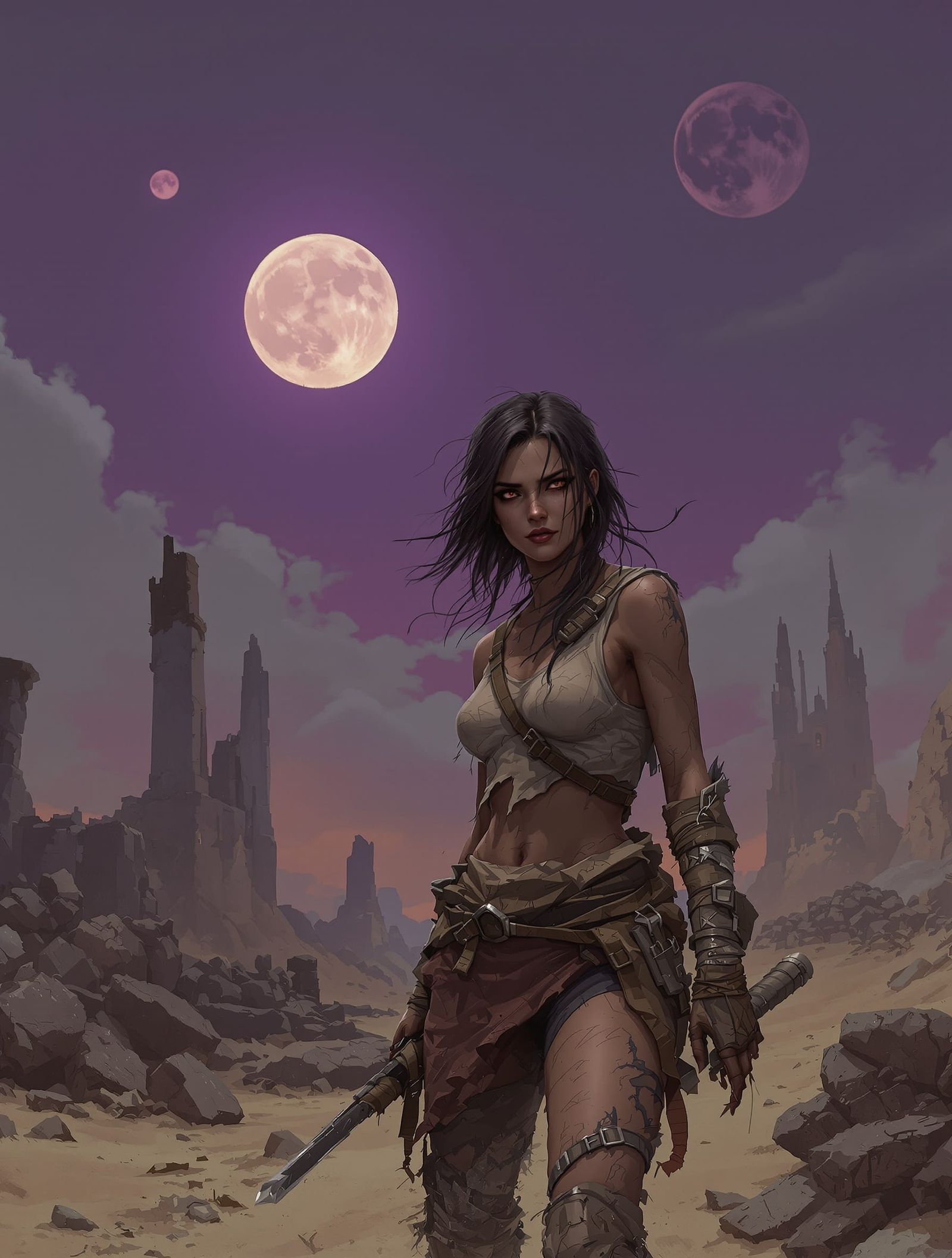 Post-Apocalyptic Wanderer Scavenging in Ruined City