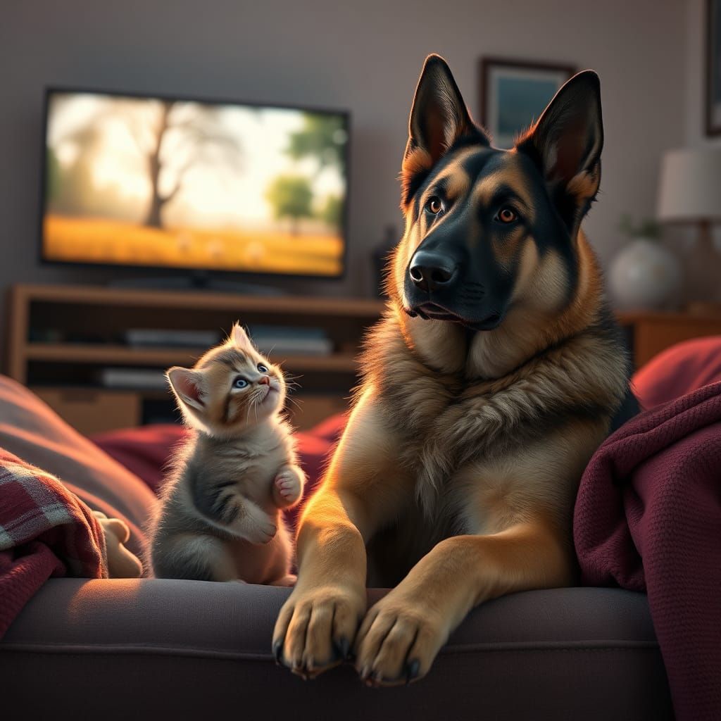 Kitten and German Shepherd Watch TV Together