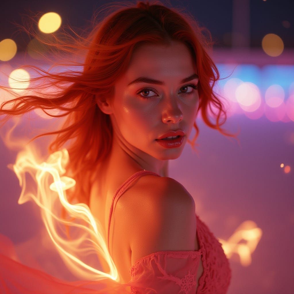 Red-Haired Model in Fiery Ethereal Landscape, Cinematic Stil...