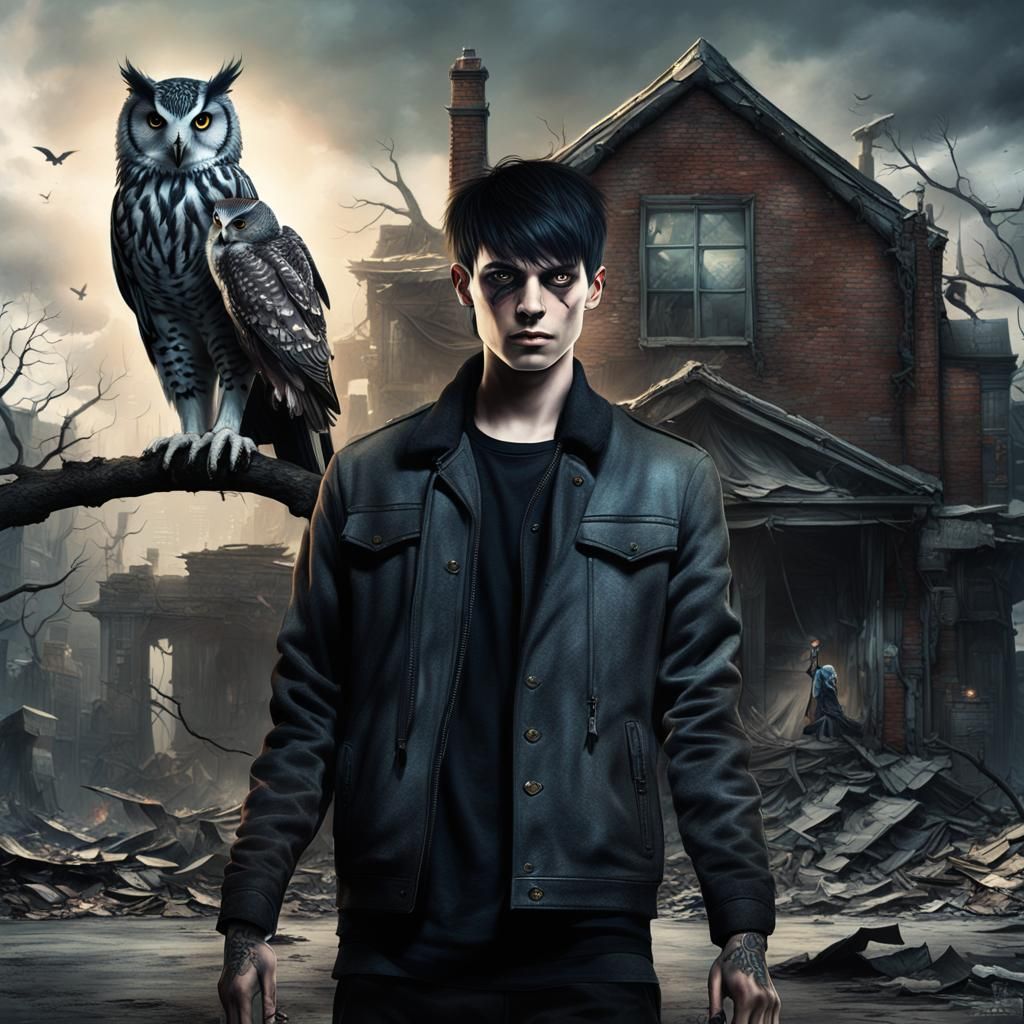 Goth Man with Owl in Ruined Cityscape
