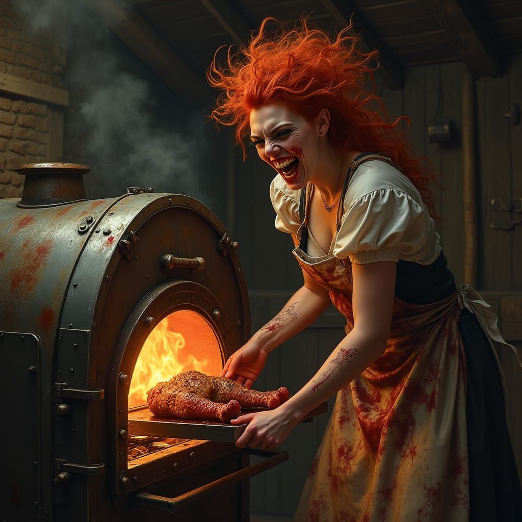 Vibrant, Dark Gothic Female Roasts Man in Antique Glass Oven