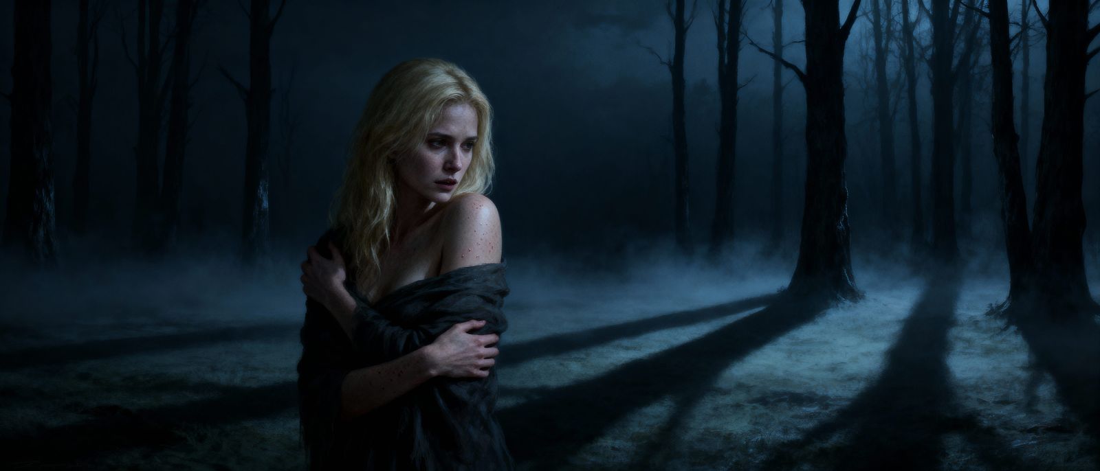 Woman Shivers in Eerie Twilight Forest Concept Art