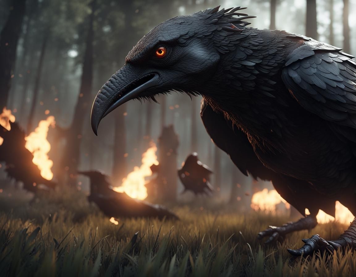 Fearsome Fire-Breathing Creature Leading a Crow Attack